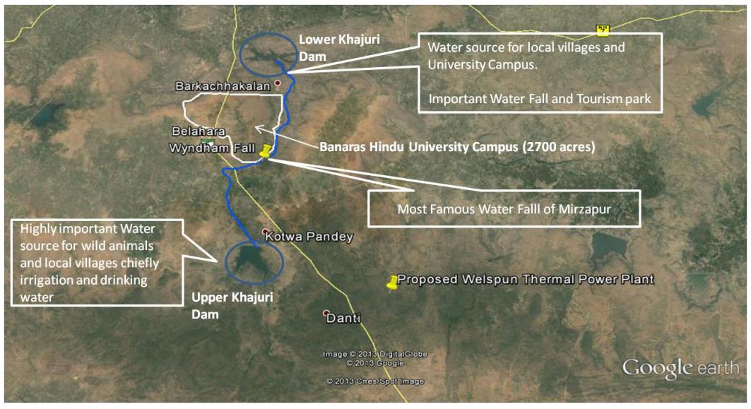 Picture 1: Map showing location of BHU Campus, Wyndham Fall, River Khajuri & Lower Khajuri Fall, presence of which were concealed in the EIA Report