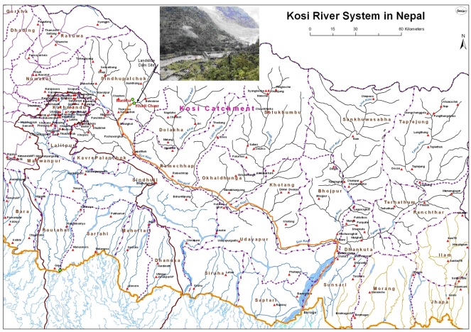 Map with orange line showing the path that the flood pulse from the landslide dam will take to reach Kosi in India, FMIS map
