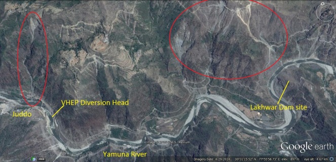 Google imagery showing landslide at Juddo and Lakhwar dam site