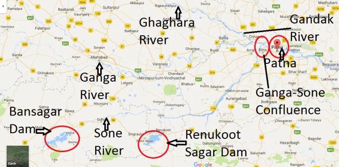 Map showing locations of Bansagar Dam and other important places